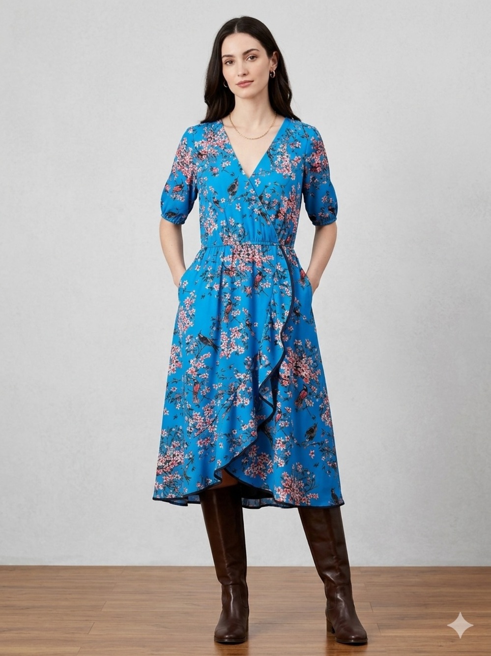eShakti Chinoiserie Bird & Floral Georgette Faux-Wrap Midi Dress 1X 18W